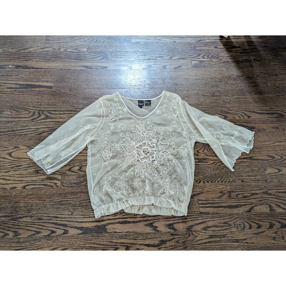 Y2K Vintage Women Shirt top Size M Cream Lace Mesh Sheer Victorian Cami Boho Wed